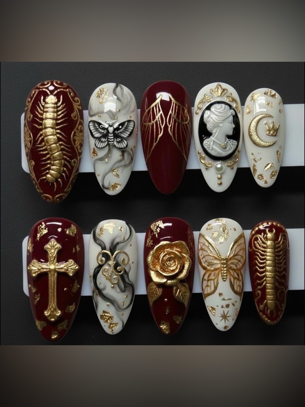 Red and gold gothic press on nails
